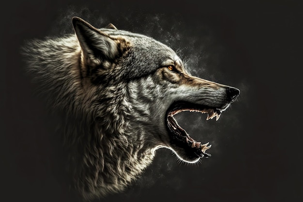 Boca de lobo con dientes afilados cabeza de lobo de perfil sobre fondo negro