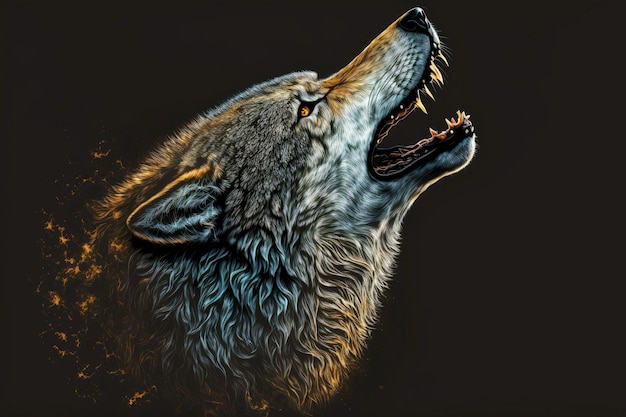 Boca de lobo con dientes afilados cabeza de lobo de perfil sobre fondo negro