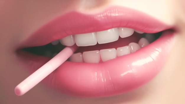 La boca de una mujer está mordiendo un asa rosa.