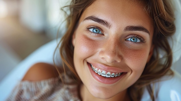 Foto la boca de una mujer riendo con grandes dientes sobre un fondo azul