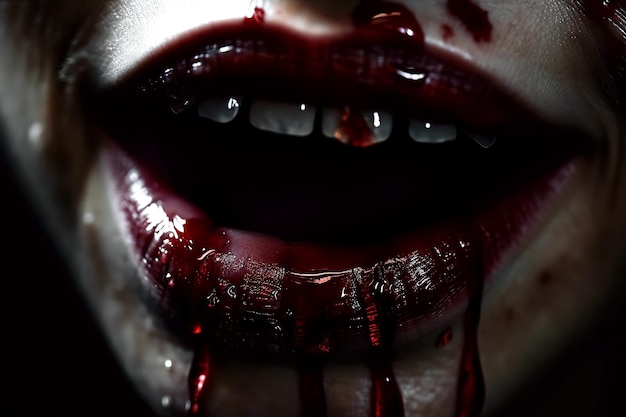 Boca de una mujer vampiro con dientes y colmillos en sangre Ilustración generativa de IA