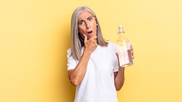 Con la boca y los ojos bien abiertos y la mano en la barbilla sintiéndose desagradablemente sorprendida diciendo qué o wow y sosteniendo una botella de agua