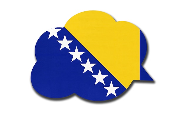 Foto bocadillo de diálogo 3d con la bandera nacional de bosnia y herzegovina aislado sobre fondo blanco. habla y aprende bosnio. símbolo del país. signo de comunicación mundial.