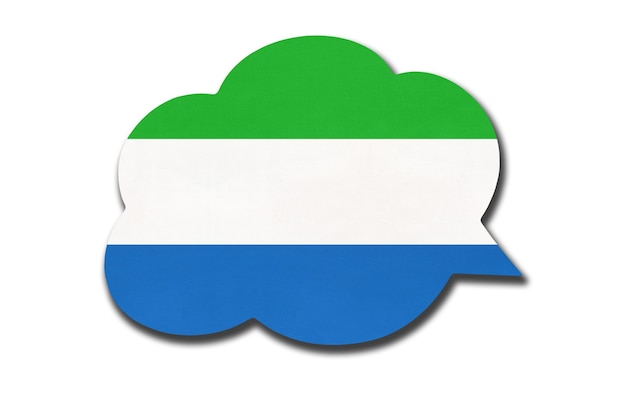 Bocadillo de diálogo 3D con la bandera nacional de Salone aislado sobre fondo blanco. Habla y aprende el idioma Krio. Símbolo del país de Sierra Leona. Signo de comunicación mundial.