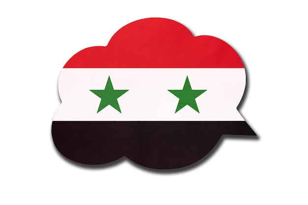 Bocadillo de diálogo 3D con bandera nacional siria aislado sobre fondo blanco. Habla y aprende el idioma. Símbolo de la República Árabe Siria o país de Siria. Signo de comunicación mundial.