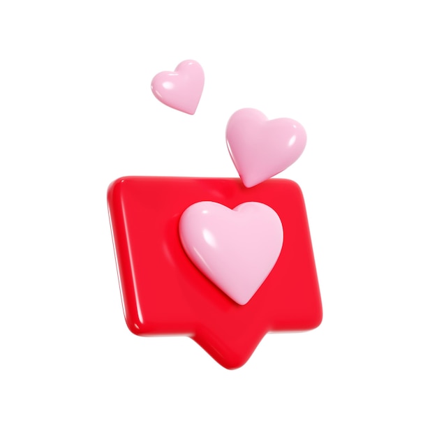 Bocadillo de diálogo con corazones voladores 3d render icono de amor para romántico o como en el concepto de redes sociales