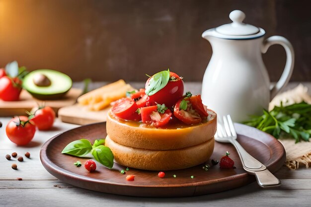 un bocadillo con fresas y una jarra de agua.