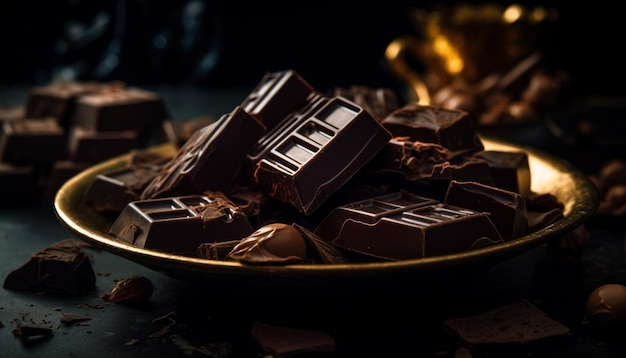 Bocadillo indulgente de chocolate negro roto en madera generado por IA