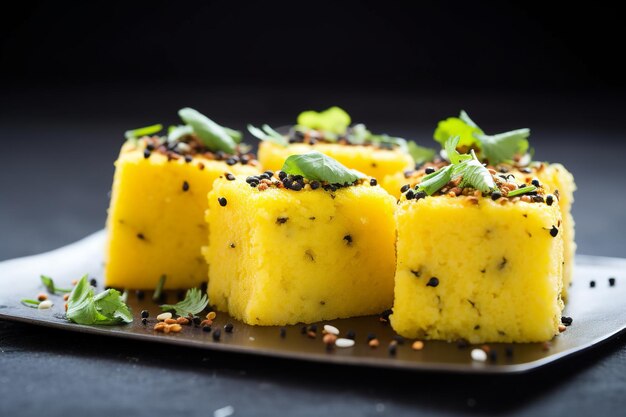 Foto bocadillos sabrosos y deliciosos dhokla aislado en fondo negro