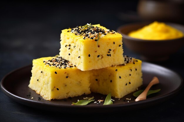 Foto bocadillos sabrosos y deliciosos dhokla aislado en fondo negro