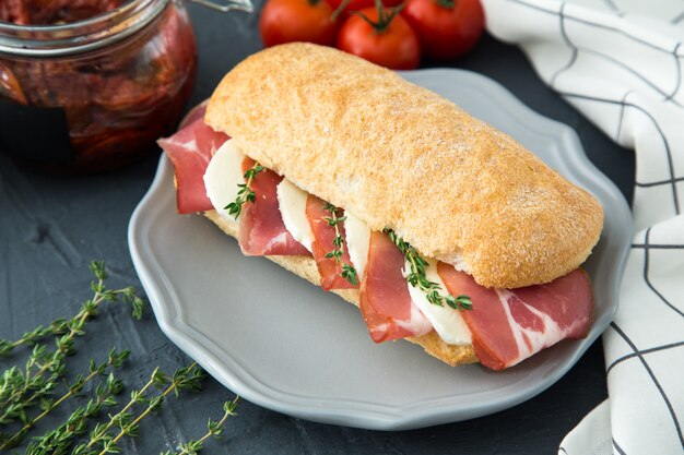 Bocadillos surtidos. sándwich caprese con mozzarella y tomates secos y ciabatta con jamón