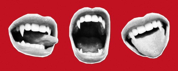 Bocas de vampiro con diferentes emociones cortadas de papel estilo collage de medio tono pegatinas colmillos afilados