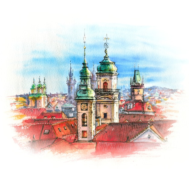 Boceto de acuarela del casco antiguo de Praga con cúpulas de iglesias, campanario del antiguo ayuntamiento, torre de la pólvora, República Checa