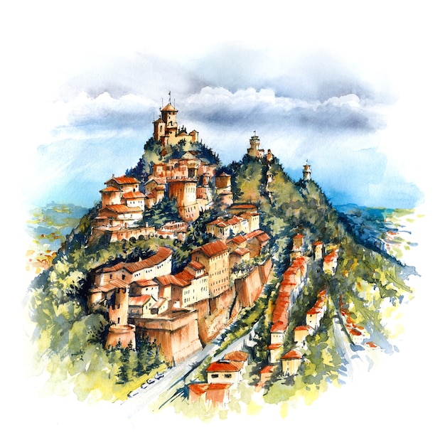 Boceto de acuarela del casco antiguo y tres famosas fortalezas Torre Guaita, Cesta y Montale en la cima del monte Titano, República de San Marino