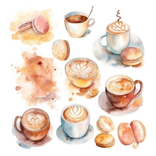 Boceto de acuarela de lindos objetos de bebida de café sobre fondo blanco Generar Ai