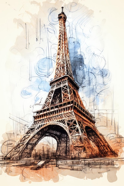 Boceto arquitectónico a mano de la IA generativa de la Torre Eiffel
