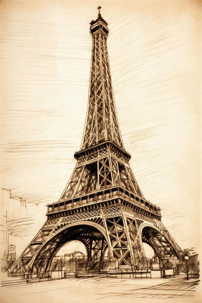 Boceto arquitectónico a mano de la IA generativa de la Torre Eiffel