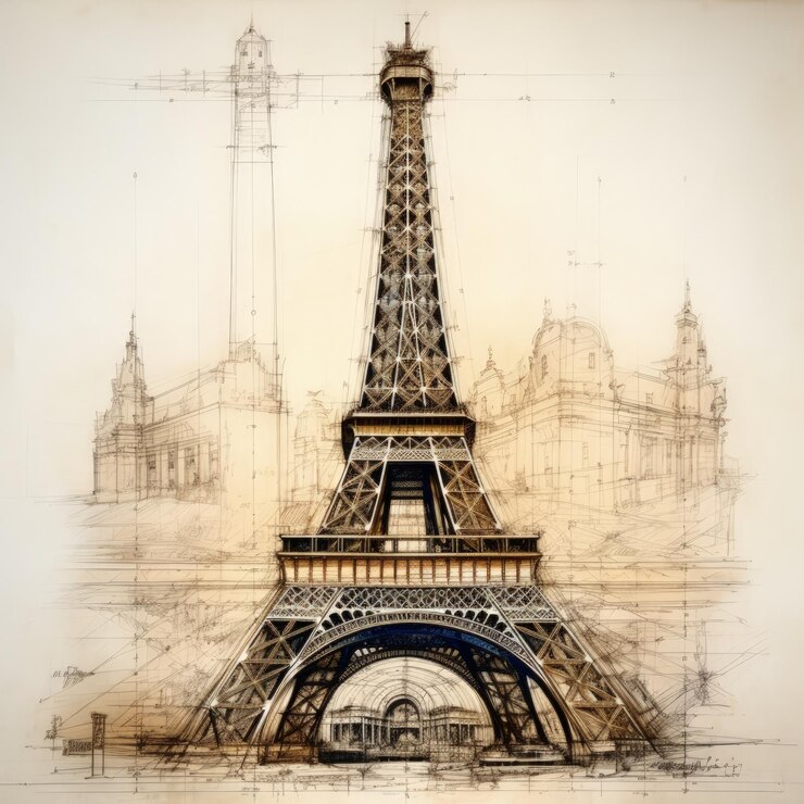 Boceto arquitectónico a mano de la IA generativa de la Torre Eiffel