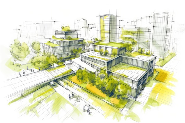 Boceto de arquitectura urbana sostenible AI