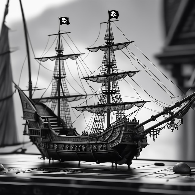 Foto un boceto de un barco pirata en blanco y negro con texturas realistas y baja resolución hd uhd 4k