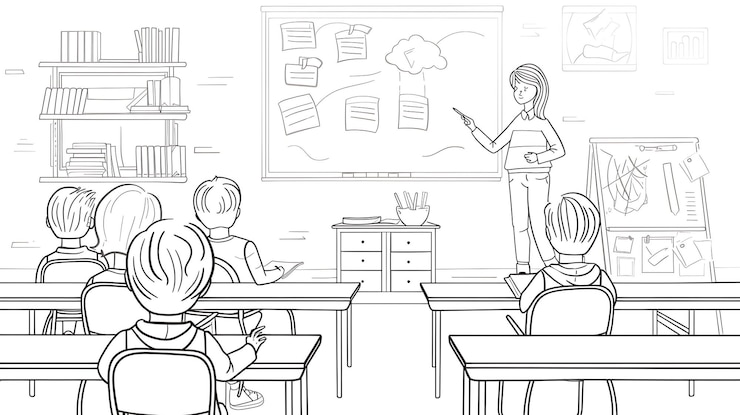 Foto un boceto en blanco y negro de un aula con un maestro y una pizarra con las palabras educación en él