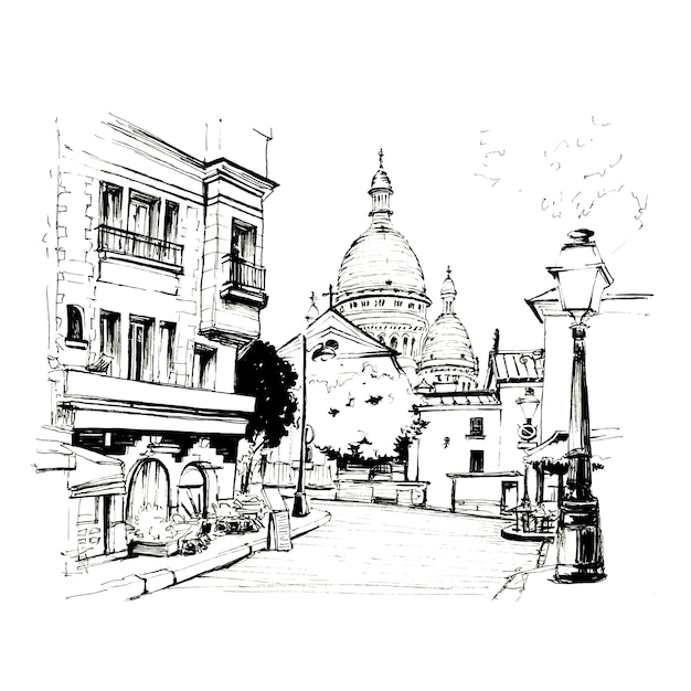 Boceto en blanco y negro de la Place du Tertre con mesas de café y el Sacre-Coeur en la mañana, el barrio de Montmartre en París, Francia