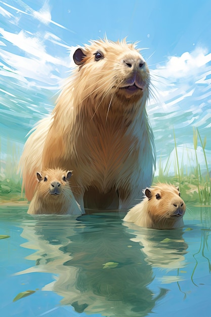 Foto boceto de un capybaras con estilo dibujado a mano en acuarela