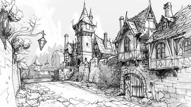 un boceto de un castillo con un castillo en el fondo
