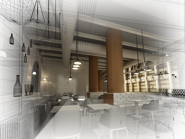 boceto de diseño de restaurante interior, renderizado 3d