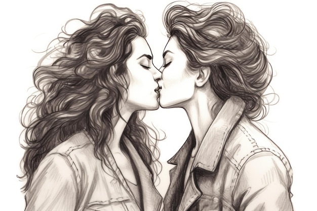 Un boceto de dos chicas besándose.