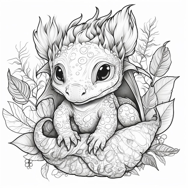 Un boceto de un dragón con ojos y oídos.