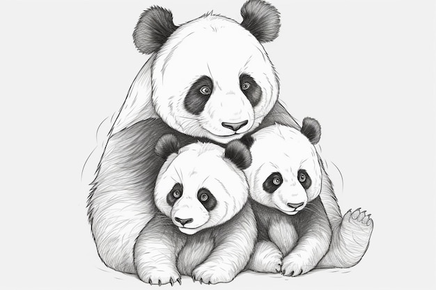 Un boceto de una familia de pandas.