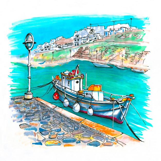 Boceto de marcador de puerto en Mykonos, Grecia