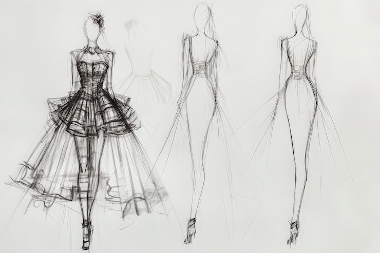 Un boceto muestra tres elegantes diseños de moda que muestran líneas limpias y una estética minimalista