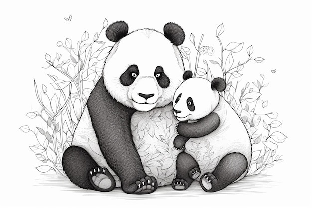 Un boceto de un panda y su bebé.