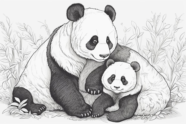 Un boceto de un panda y su cachorro.