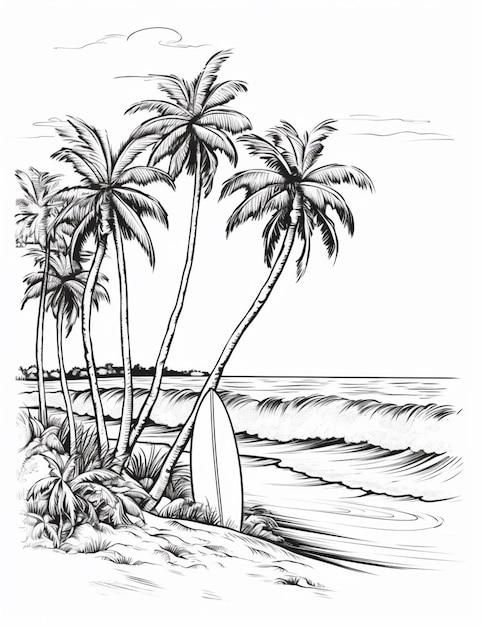 Un boceto de una playa con una tabla de surf.