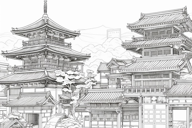 Un boceto de un templo japonés.