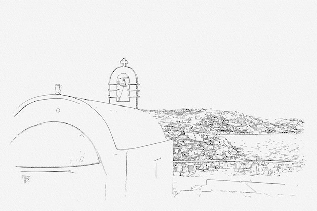Boceto de vista panorámica de la ciudad de Mykonos Islas CícladasMykonos Grecia