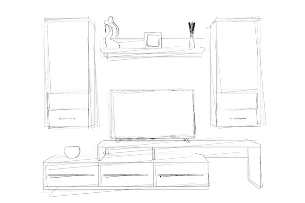 Bocetos de dibujo a mano de la unidad de pared de la sala de estar moderna sobre un fondo blanco. Representación 3D.