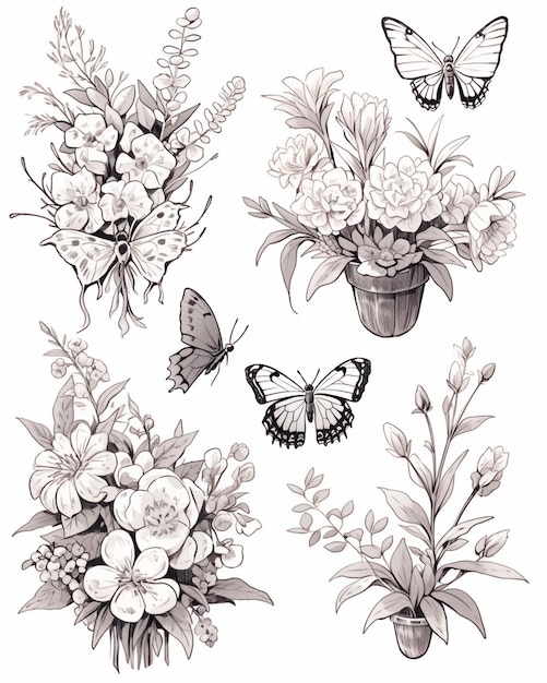 Foto bocetos de flores y mariposas en un jarrón y una mariposa generativa ai