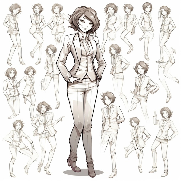 Foto bocetos de una mujer en traje de pie frente a un montón de otras mujeres generativa ai