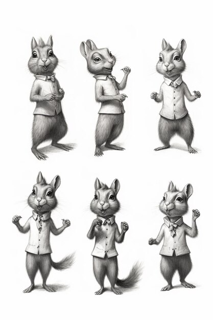 Bocetos de un personaje de ratón en diferentes poses ai generativo.