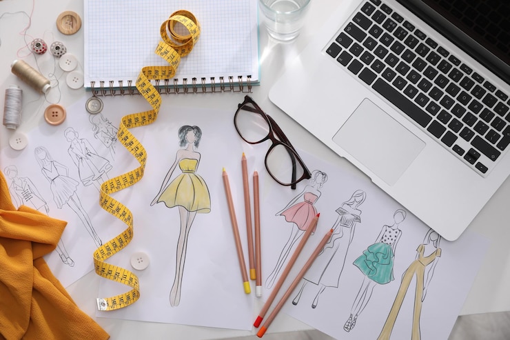 Foto bocetos de ropa y cosas diferentes en la mesa blanca plana lugar de trabajo del diseñador de moda