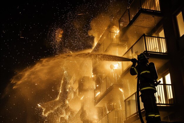 Una bocina de incendios escupiendo agua de un edificio