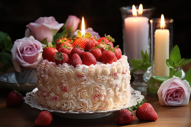 Bocket-Kuchenblumen und frische Erdbeeren auf bezaubernder Szene generativer IA