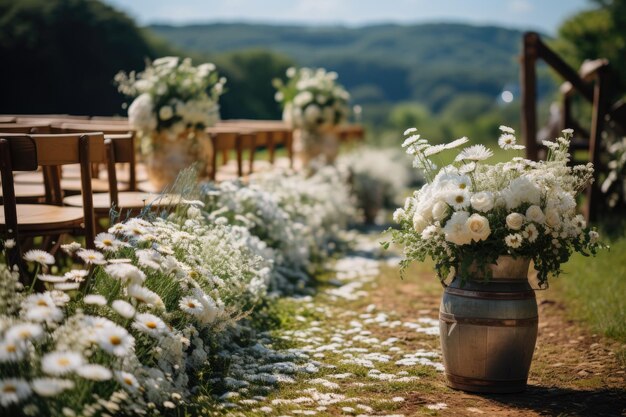 Boda campestre con margaritas bajo el sol generativa IA