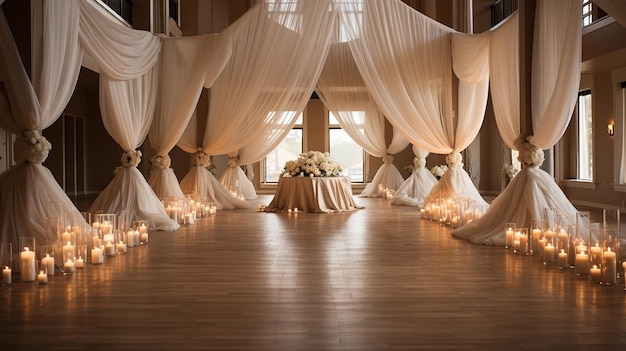 Boda elegante en el salón de un hotel con cortinas