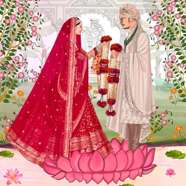 Boda India pareja caricatura mano sujetando vermal n