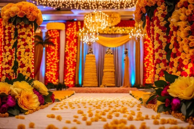 una boda se muestra con flores y una mesa con flores en ella